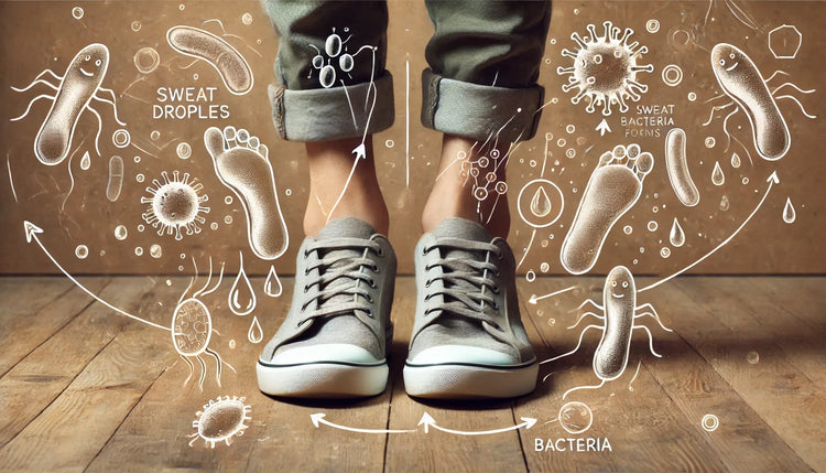 Illustration of feet in sneakers with sweat droplets and bacteria, highlighting shoe hygiene and foot odors.